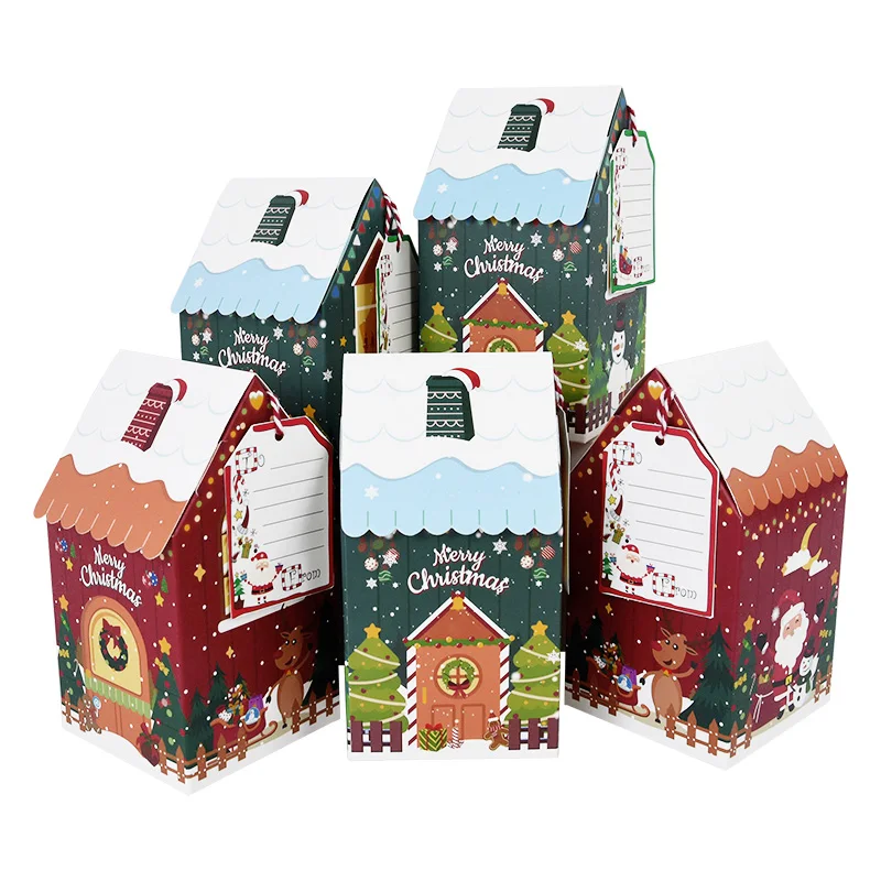 

4Pcs Christmas House Shape Candy Box Merry Christmas Gift Packaging Chocolate Box with Tag Navidad New Year Party Gifts Favor