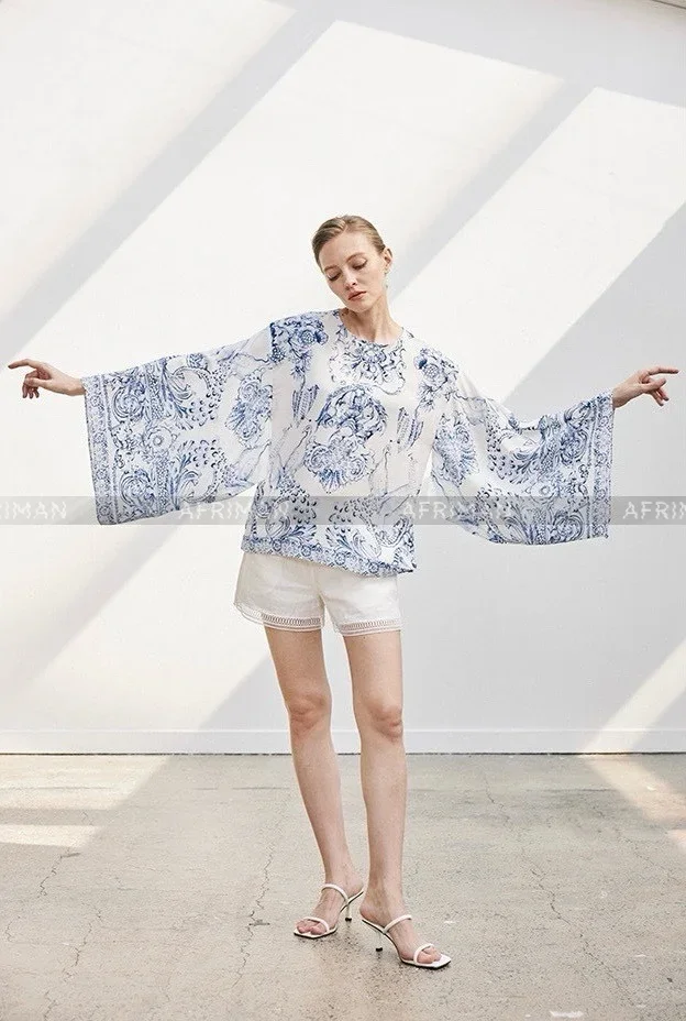 

Women New Round Neck Flare Sleeve Heavy Beaded Blue and White Print 100% Silk Loose Blouse Top