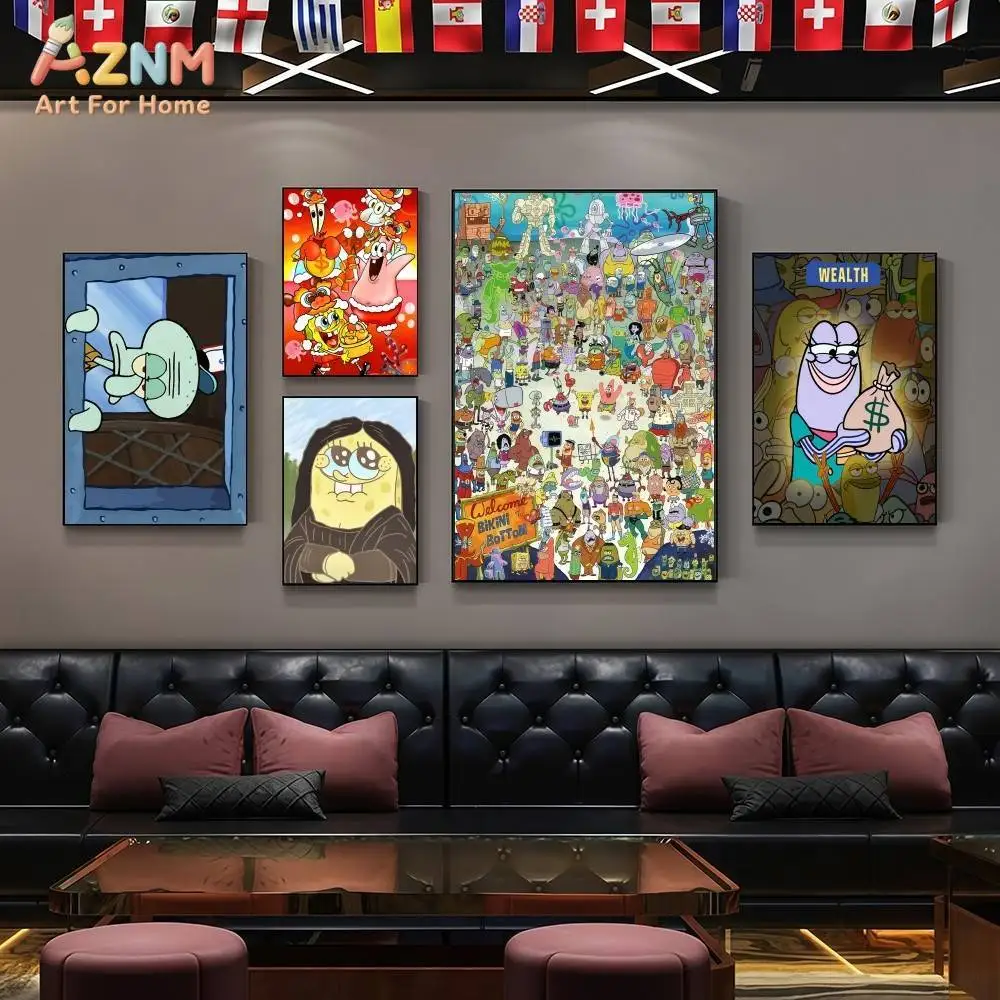 AZNM SpongeBob SquarePants Funny Canvas Wall Art Print, Bikini Bottom Cartoon Characters Meme Poster for Bar Living Room Home De