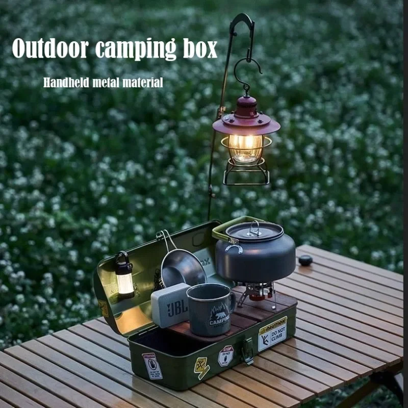 Boîte de Rangement Portable en Métal avec Poignée en Cuir, Accessoire Multifonctionnel pour Camping, Randonnée et Voyage