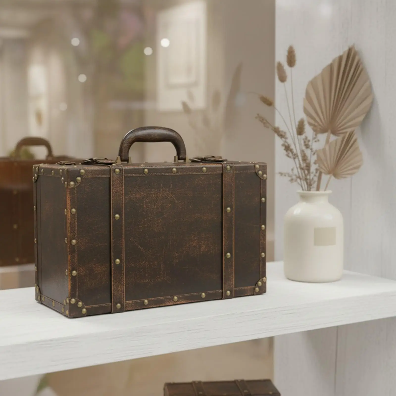 Leather Look Storage Trunk with Decorative Straps Hinged Lid for Papers Supplies Tabletop Organizer Case
