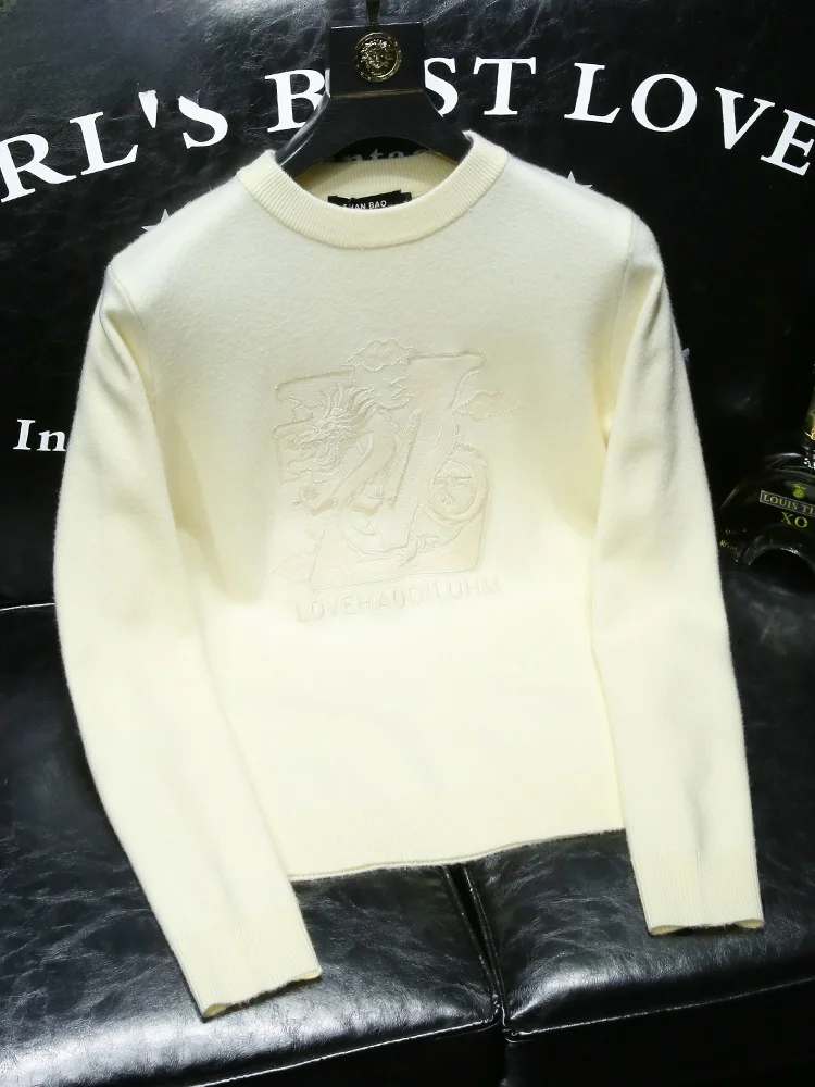 

High-End Embroidered Men's Sweater Warm Slim Fit Base Layer irt Faionable Urban Sle Winter Knitted Geometric Pattern