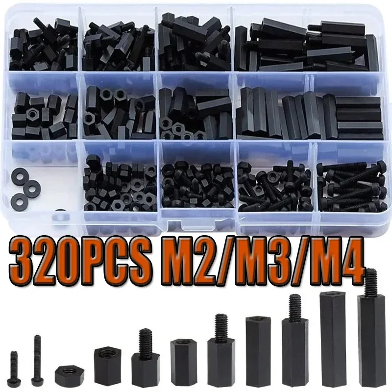 320pcs Male Female Hex Screw Nylon Spacer Standoff M2 M3 M4 Threaded Pillar PCB Motherboard Standoff Plastic Spacing Screws Nuts