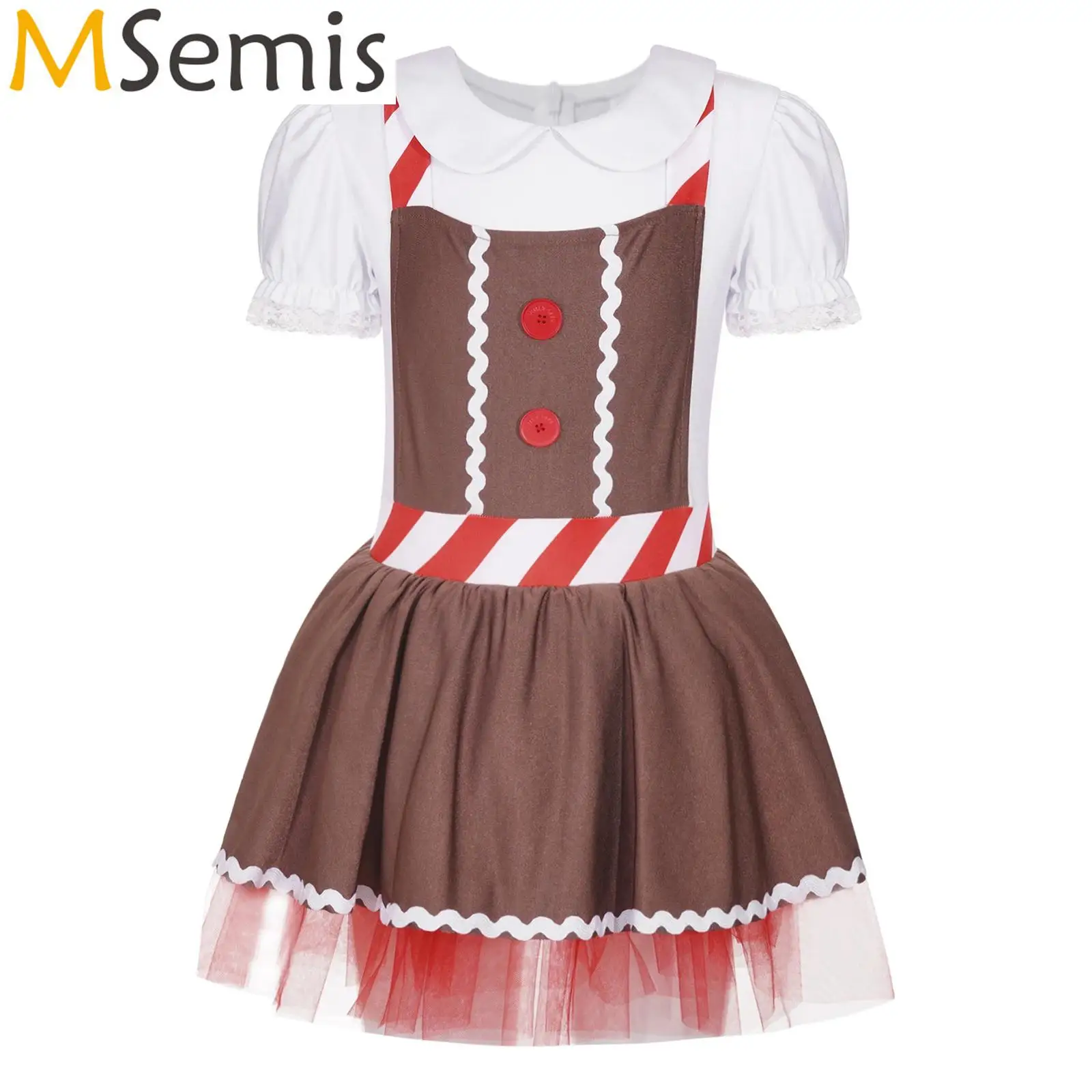 

Kids Gingerbread Man Christmas Costume Girls Gingerbread Dress Up Short Sleeve Apron Striped Tutu Ballet Dress for Cosplay Party