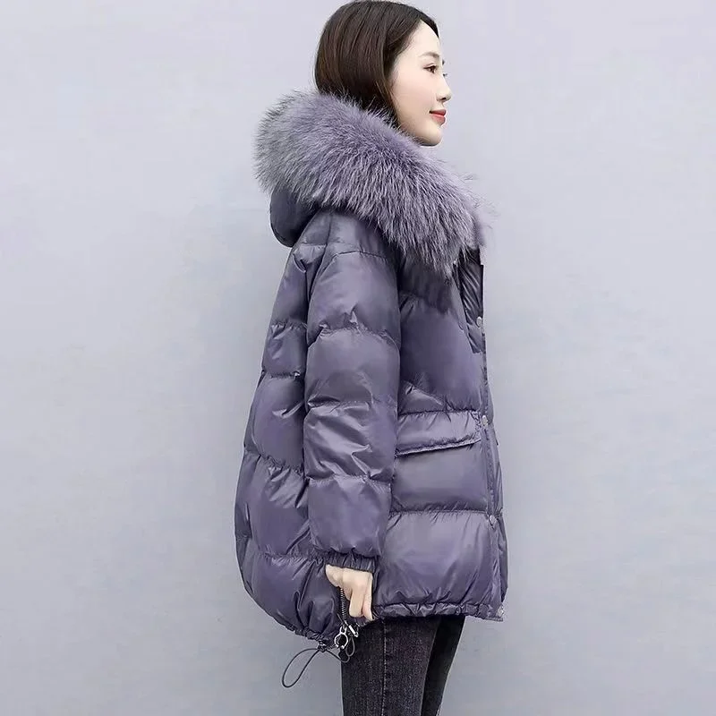 Down Cotton Jacket 2024 New Women's Mid Length Korean Version Loose Fitting Thick Jacket Large Woolen Collar Winter Hooded