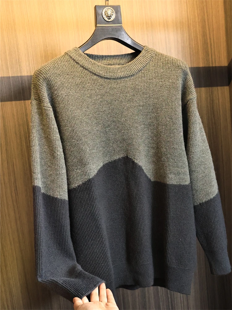 High-Weight Knitted Sweater round Neck Loose Fit Men's Fashion Urban Style Pure Color Block Design Autumn Winter Knitwear