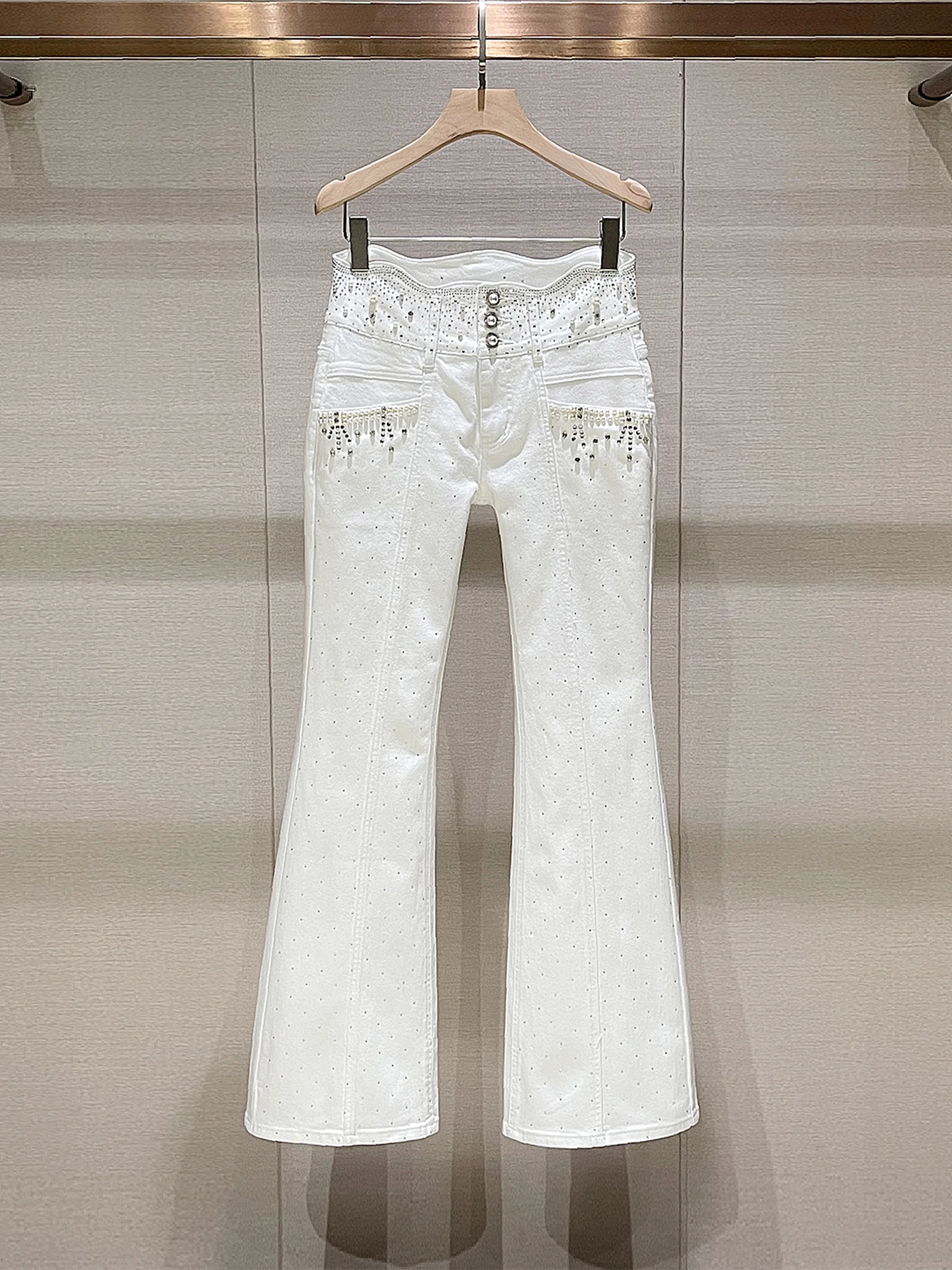 

High Waist Bell Bot Denim Jeans Women's Spring 2026 Design Sense Pants with Button And Rhinestone Slimming White Jeans