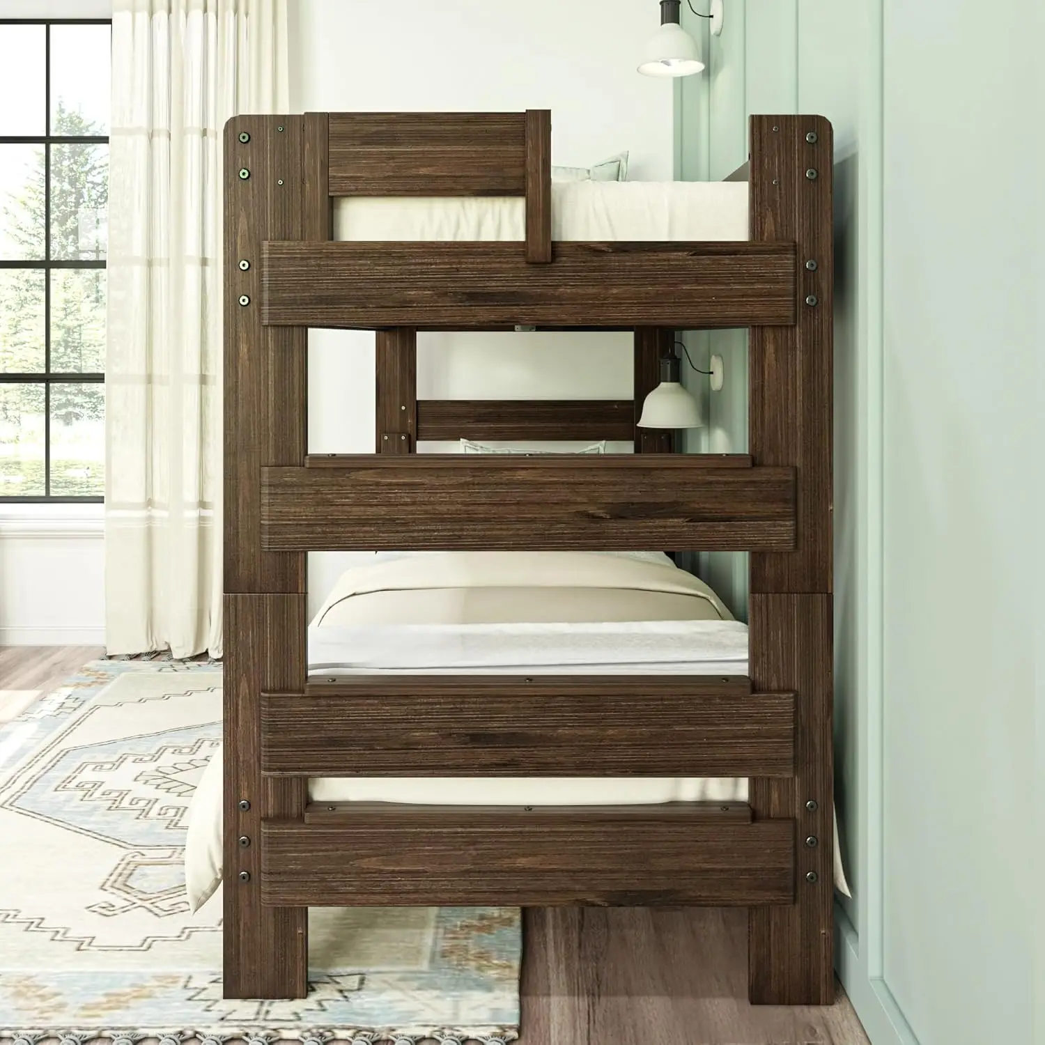 Twin-Over-Twin Bed Frame For Kids, Solid Wood Bunk Bed for Kids, No Box Spring NeededBarnwood Brown