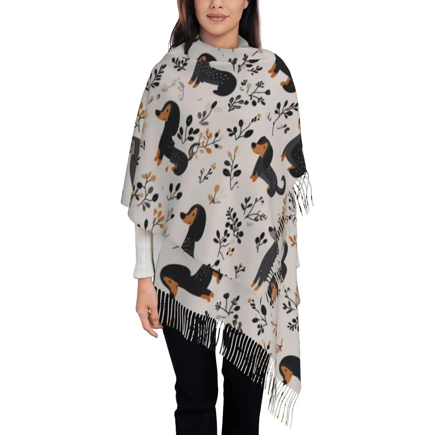 

Funny Dachshund Winter Soft Scarf Cute Sausage Dog Womens Warm Shawls Lively Puppy Cozy Tassel Scarf