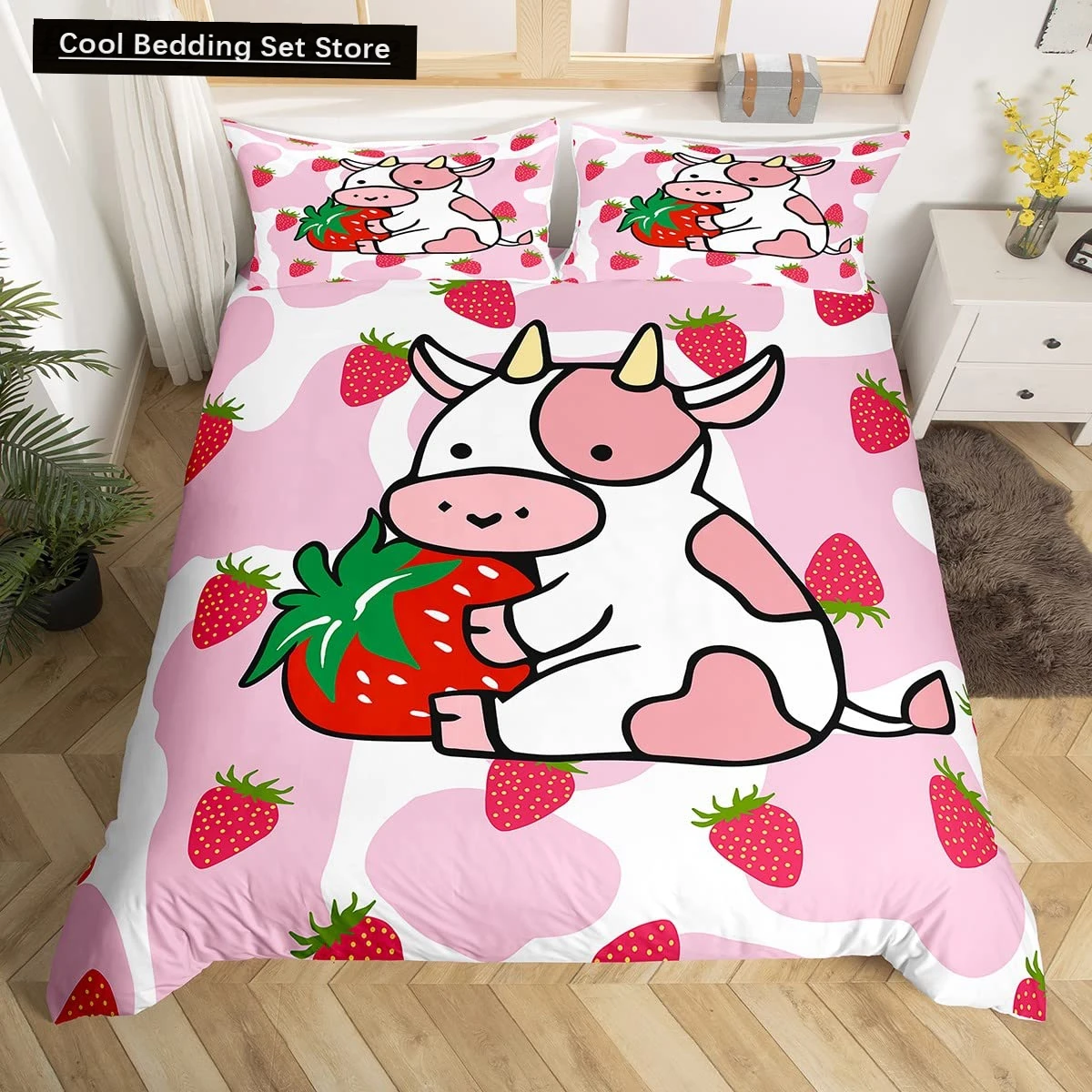 

Milk Cow King Queen Duvet Cover Pink White Cartoon Animal Strawberry Bedding Set for Kids Boys Girls Cow Print Soft Quilt Cover