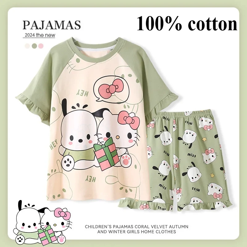 

Sanrio Hello Kitty Pochacco Anime Children Loungewear Cinnamoroll Kuromi Pure Cotton Short Sleeved Kawaii Cartoon Clothing Set