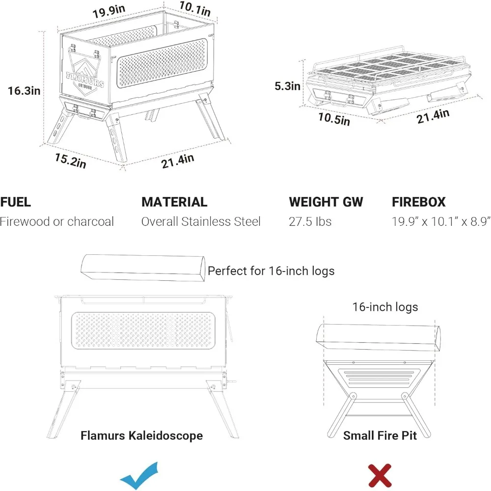 20-Inch Smokeless Fire Pits for Outdoor - Portable & Easy to Assemble - Stainless Steel FirePit with Grill, Removable Ash Pan &