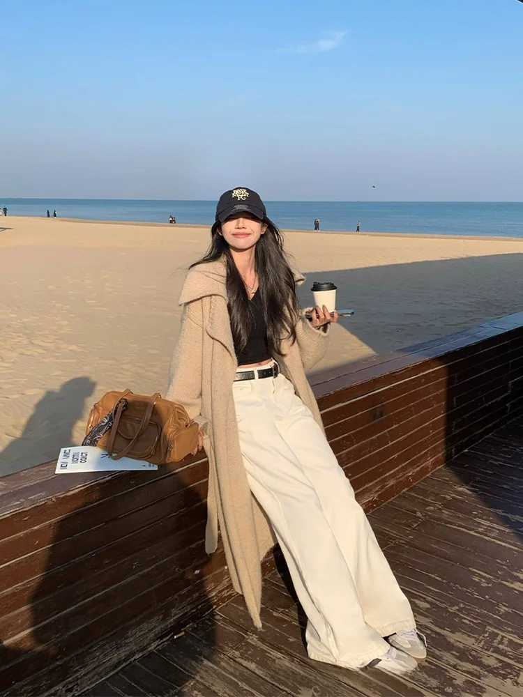 

Простые прямые джинсы с высокой талией, универсальные повседневные брюки из Гонконга для женщин, зимние широкие брюки для поездок на работу