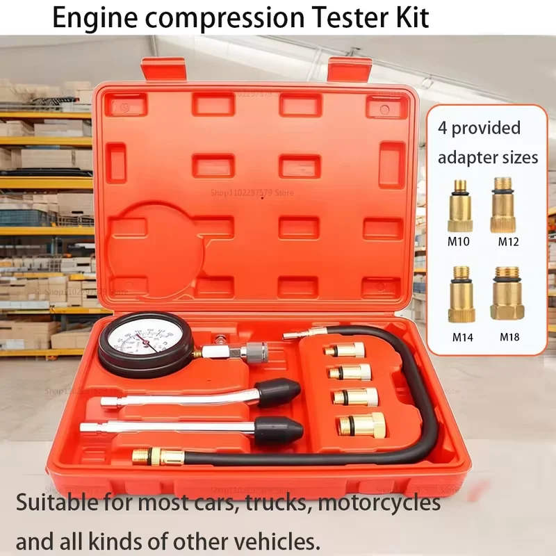 

Engine Compression Tester Car Pressure Gauge Tester Meter Auto Petrol Gas Engine Cylinder with M10 M12 M14 M18 Adapter