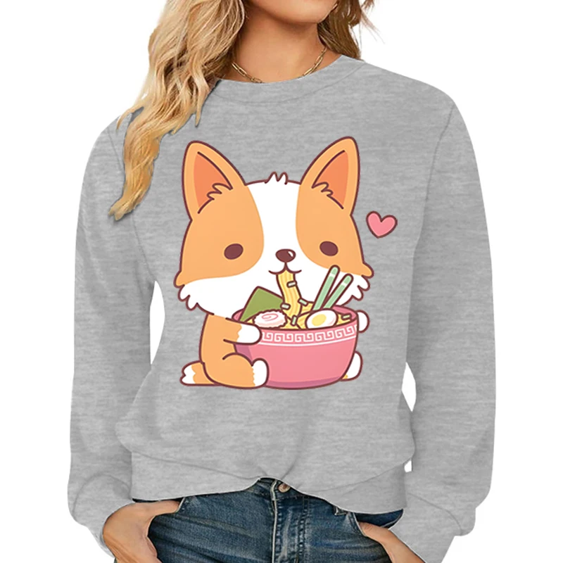 2024 autunno inverno abbigliamento donna Cartoon Ramen Corgi Dog felpe larghe Femme manica lunga Cute Animal Anime Style felpe con cappuccio