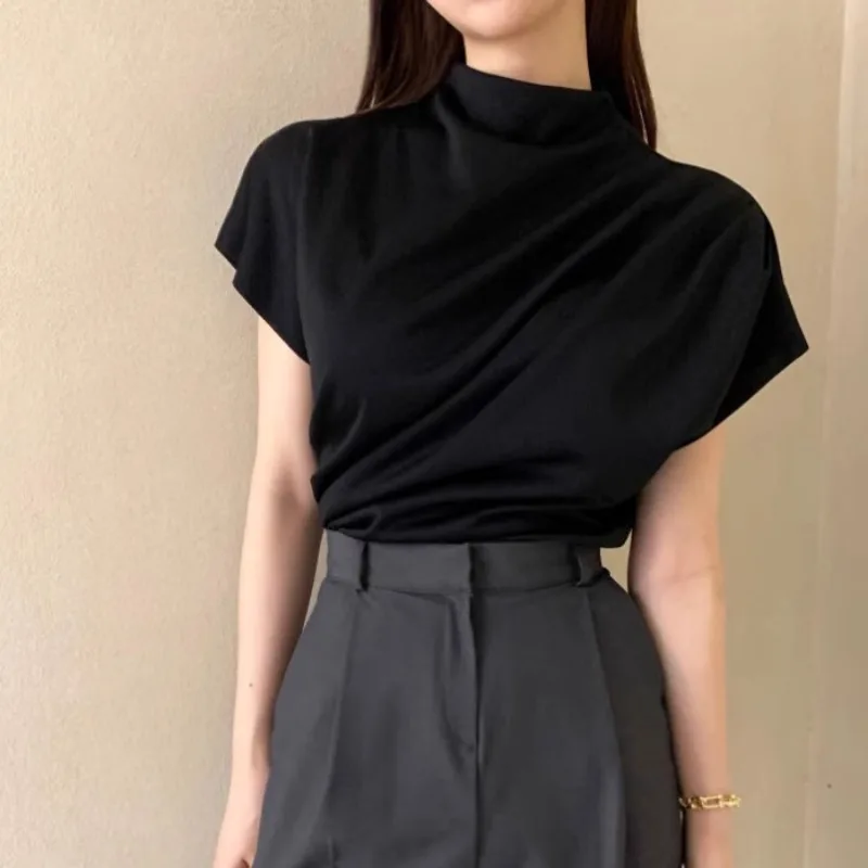 Vintage Temperament Pleated Patchwork Bat Sleeve Half High Collar Shirts Camisas De Mujer Black Blouse Blusas Tops Short Summer