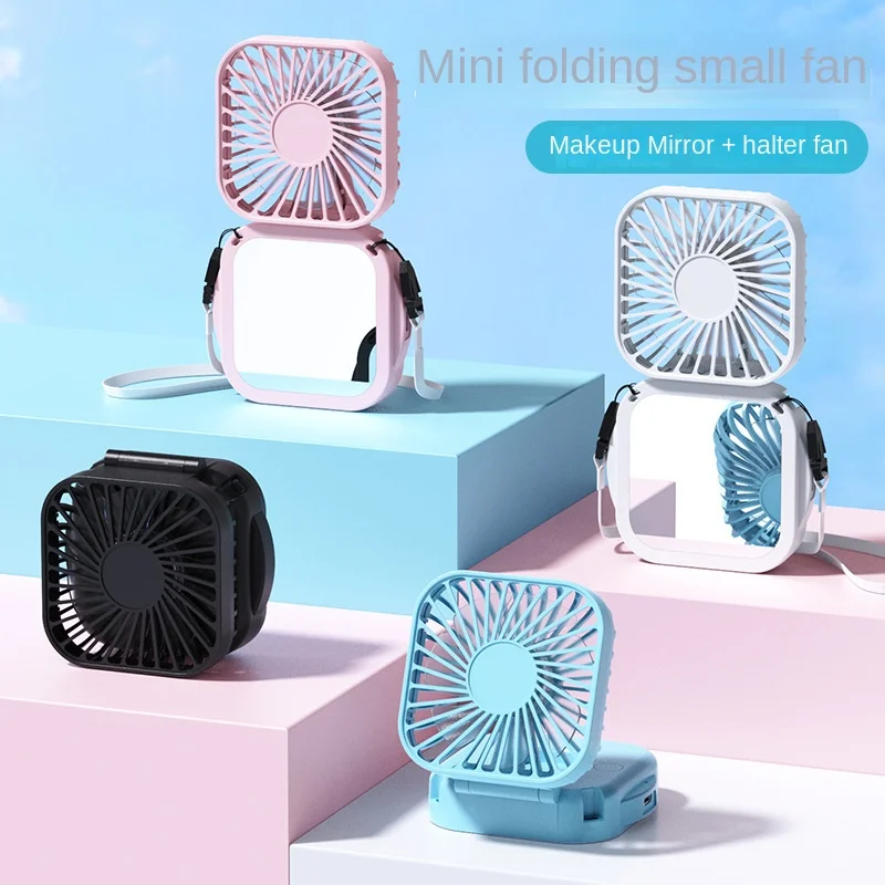 USB Rechargeable Vanity Mirror Pocket Fan Office Desktop Square Mute Fan Outdoor Hanging Neck Folding Handheld Portable Mini Fan