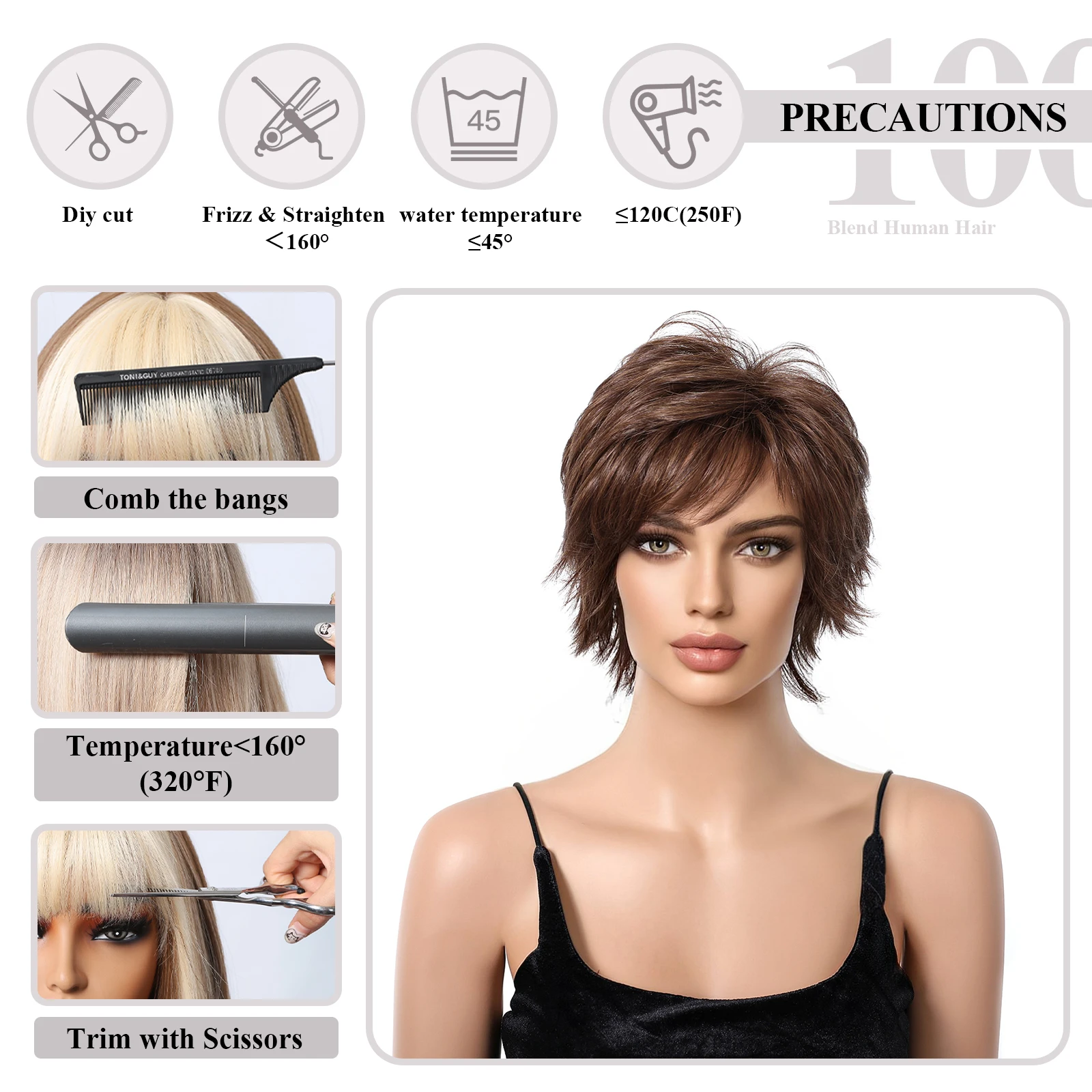 Perruque Naturelle Coupe Pixie avec Frange pour Femme, Cheveux Humains Courts, Brun Châtaigne, Layered Wavy Bob Blend, 03/Perruque