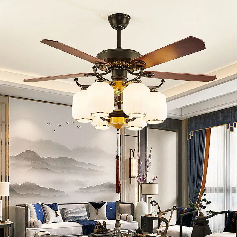 Chinese Style Ceiling Fans Light Traditional Retro Living Room Bedroom Fan Lamp Wood Blades Reversible Remote Control Luxury Fan