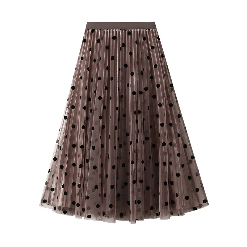 

Simple Dot Mesh Skirt Women's Spring Summer New High Waist Drooping Double-Sided Pleated Big Hem A- Line Skirt Female