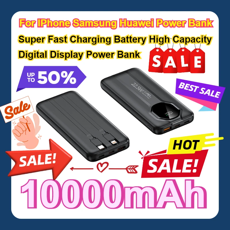 

For IPhone Samsung Huawei 10000mAh 22.5W Power Bank Super Fast Charging Battery High Capacity Digital Display Power Bank