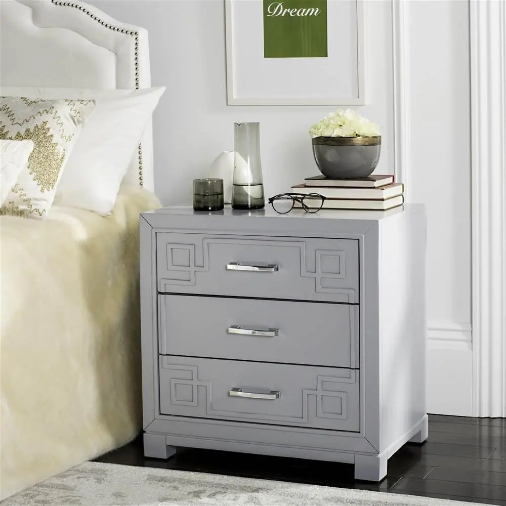 Home Collection Raina Grey 3-Drawer Greek Key Nightstand 24