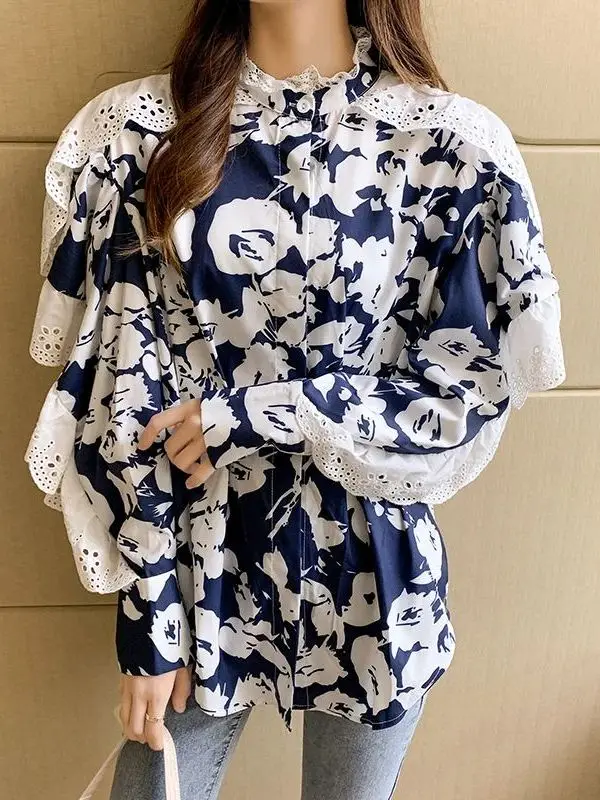 

Cleanfit Lace Wood Ear Shirt Women's Long Sleeve Temperament 2023 Au Thin Polypropylene Short Sleeve Female Fashion