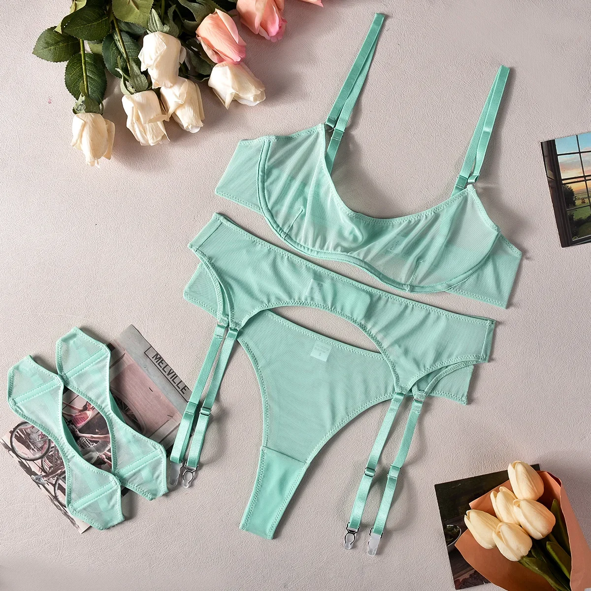 

Women Transparent Bra Set Hot Erotic Sexy Costumes Solid Color Underwear Seamless Bra Thong Garters Sexy Lingerie Sets
