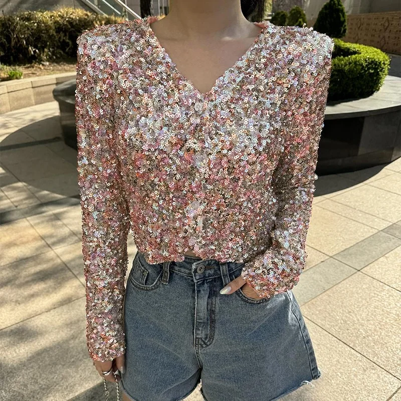 

2025 Autumn Shiny Sequin Party Tees Casual High Street Single Breasted Women's Top Fashion Long Sleeved Slim Solid Color Blouses