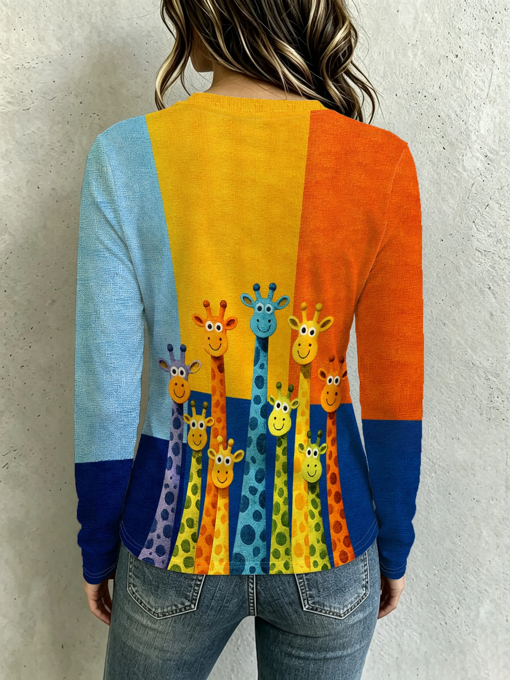 Women Long Sleeve Top 3D Print Colorful Cartoon Giraffe Color Block Round Neck Autumn Casual Tops Women's Clothes