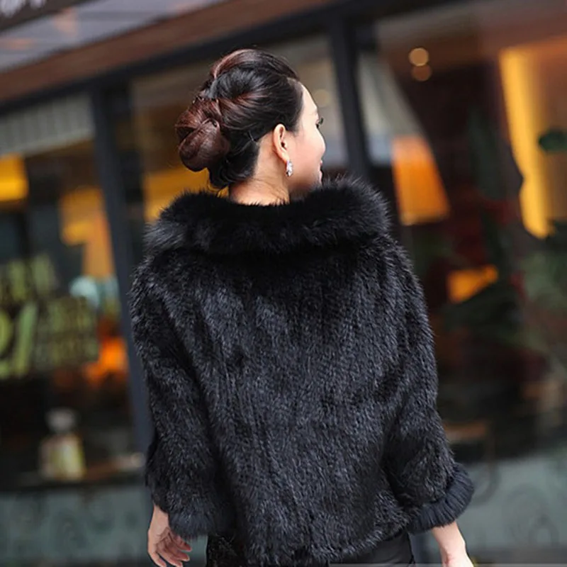 Luxury Ladies Autumn Winter Genuine Knitted Mink Fur Shawls Fox Fur Collar Women Fur Pashmina Wraps Bridal Cape Coat Jacket