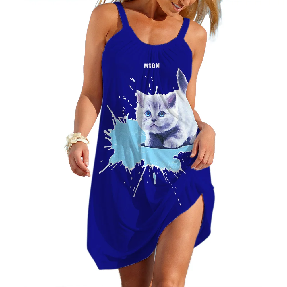 Women's Cat Graphic Streetwear Casual Slip Dress Summer Woman Quick Dry Clothes Home Wear Ladies' Dresses Cool Sleevesless Skirt