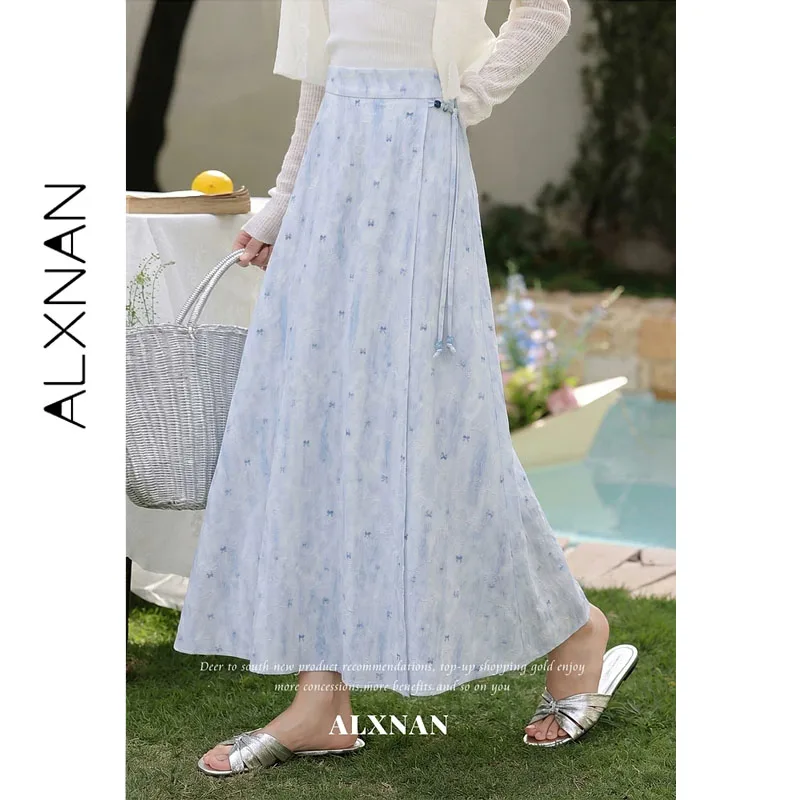 

ALXNAN Blue Skirt New Summer Gradient Jacquard Long A-line Women's Skirt with Side Waist Tie Design 2026 Female Clothing L65793A