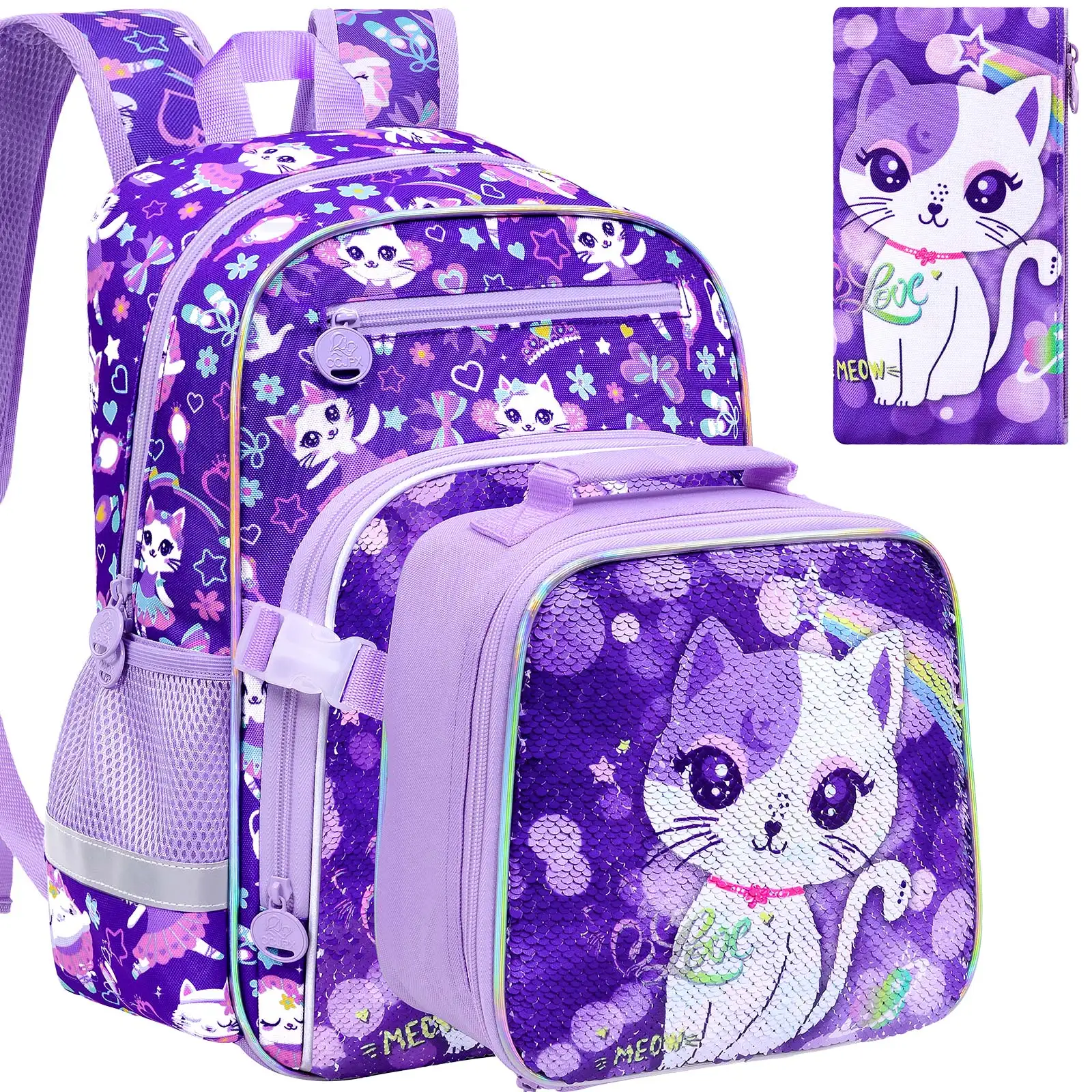 

Preschool Backpack for Girls, 3PCS Kids Sequins Bookbag Set with Clip-On Lunch Box,Cat School Bag for Elementary Preschool Toddl