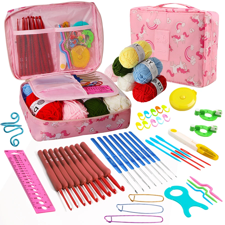 

Набор для вязания крючком: полный комплект инструментов с пряжей, крючками, иглами, маркерами для петель, портативной сумкой-органайзером и сумкой для хранения пряжи