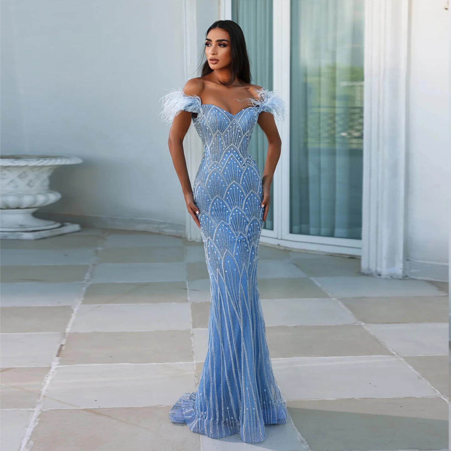 

Jancember Blue Mermaid Luxury Feathers Evening Dresses for Women Wedding Party Champagne Beaded Long Prom Formal Gowns SZ179