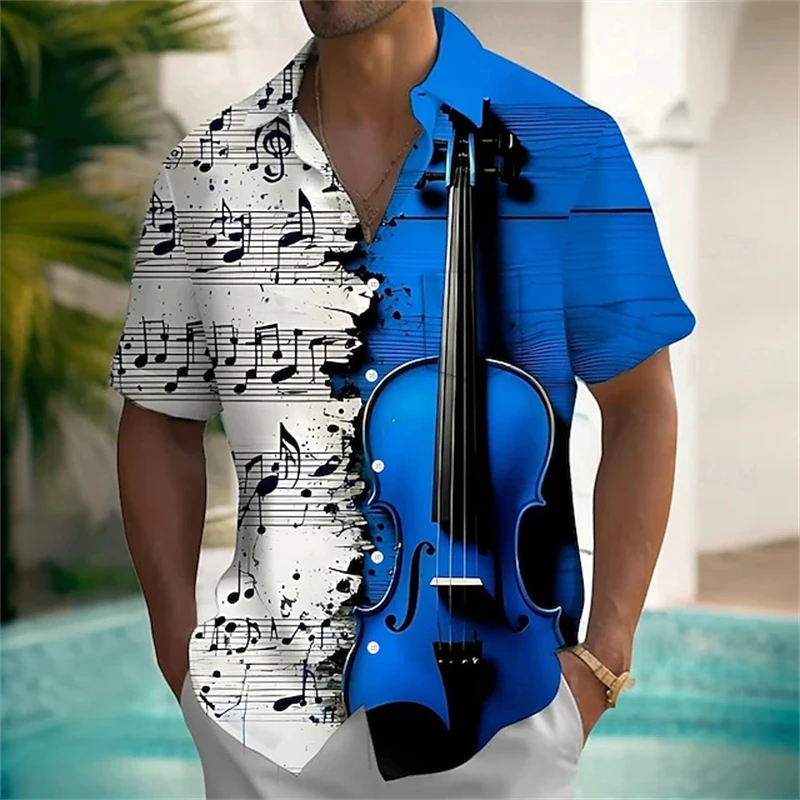 

2025 New Summer Hawaiian Shirts For Men Music Guitar Printed Tops Clothing Fashion Casual Oversized Collar Lapel Rock And Roll