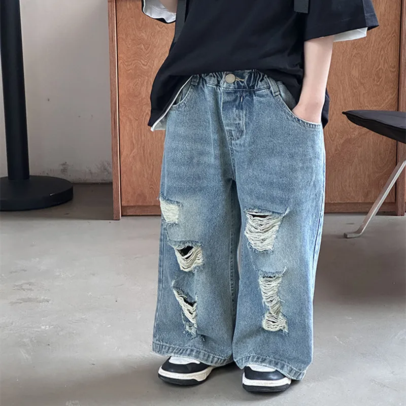 

Spring summer baby pants children ripped jeans boys denim pants girls handsome loose denim trousers