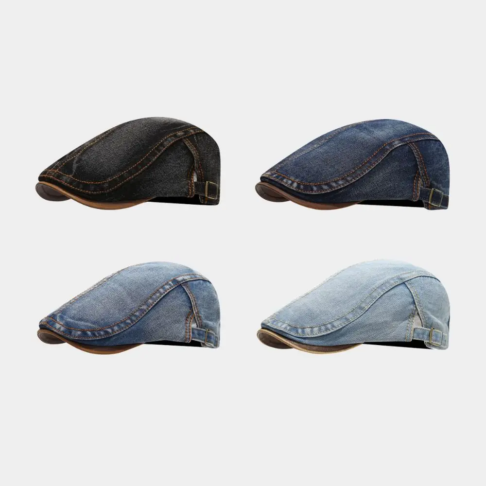 Casual Cotton Washed Denim Newsboy Caps Adjustable Solid Color Peaked Cap British Style Forward Hat Flat Cap Men