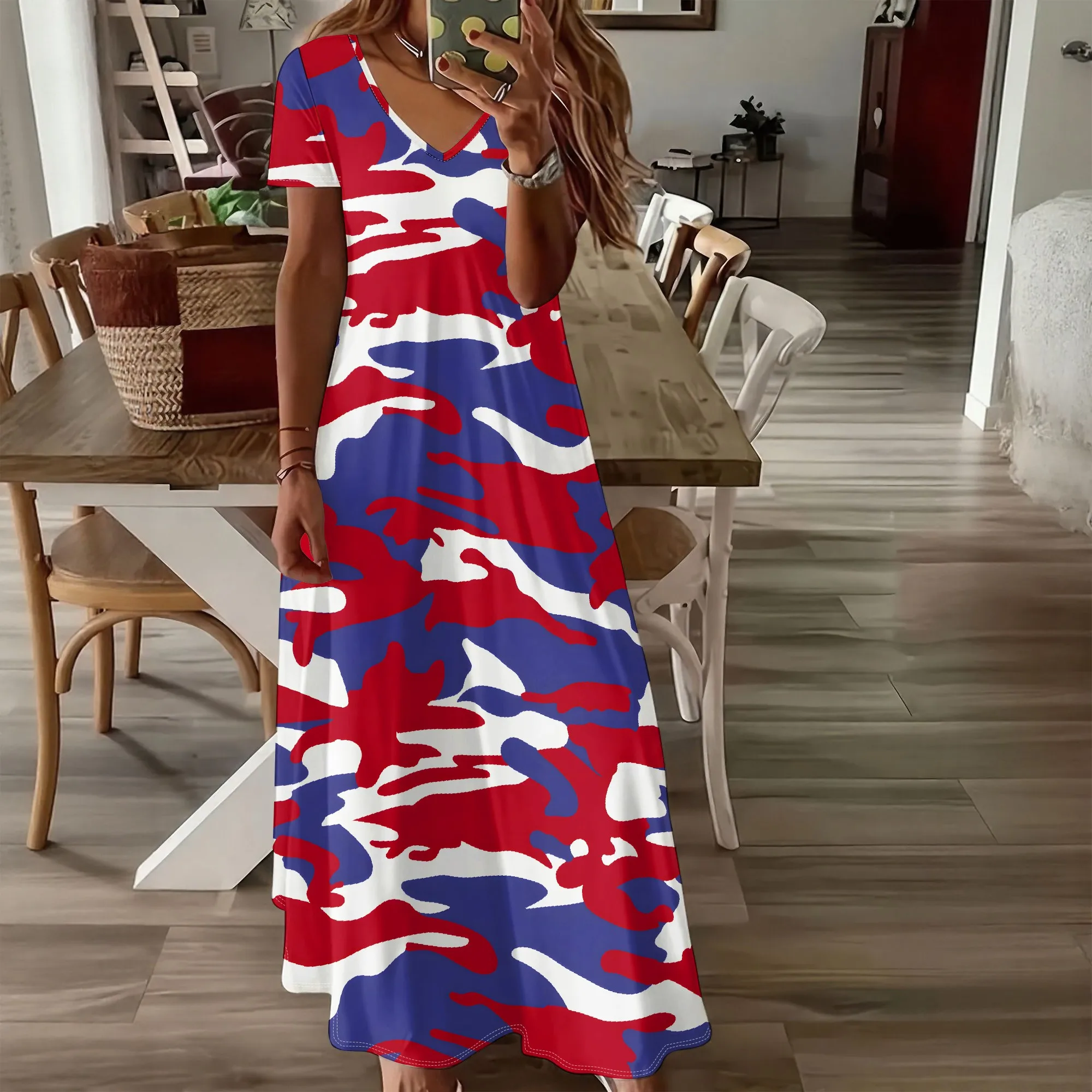 

Summer Women's Short Sleeved V-neck Long Dress, 3D Fashionable Printed Pattern Dress, Casual Vacation Style.