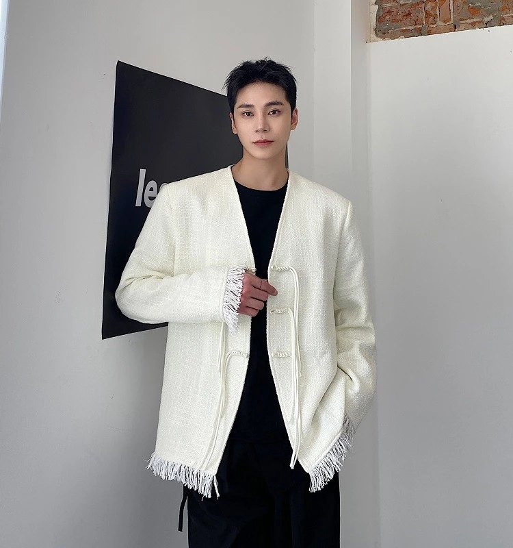 

Autumn New Chinese Sle Buttonl Collar Frayed Men Women Casual Top Coat Tassel Design Faionable Outerwear