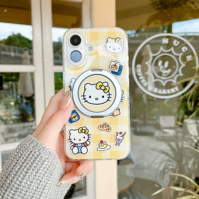 Cute Cartoon Sanrio Hello Kitty Finger Ring Holder Stand Grip 360 Rotating Phone Case For iPhone 16 15 14 13 Pro Max Hard Cover