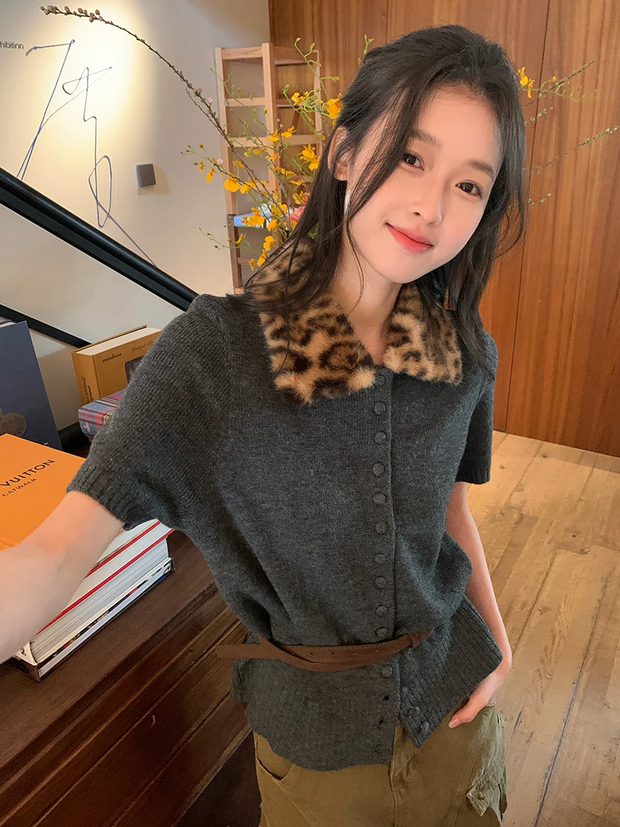 

Sinbounboun Women's Short Sleeve Knitted Neck Sweater Single Button Leopard Print Korean Style Loose Fit Online Exclusive