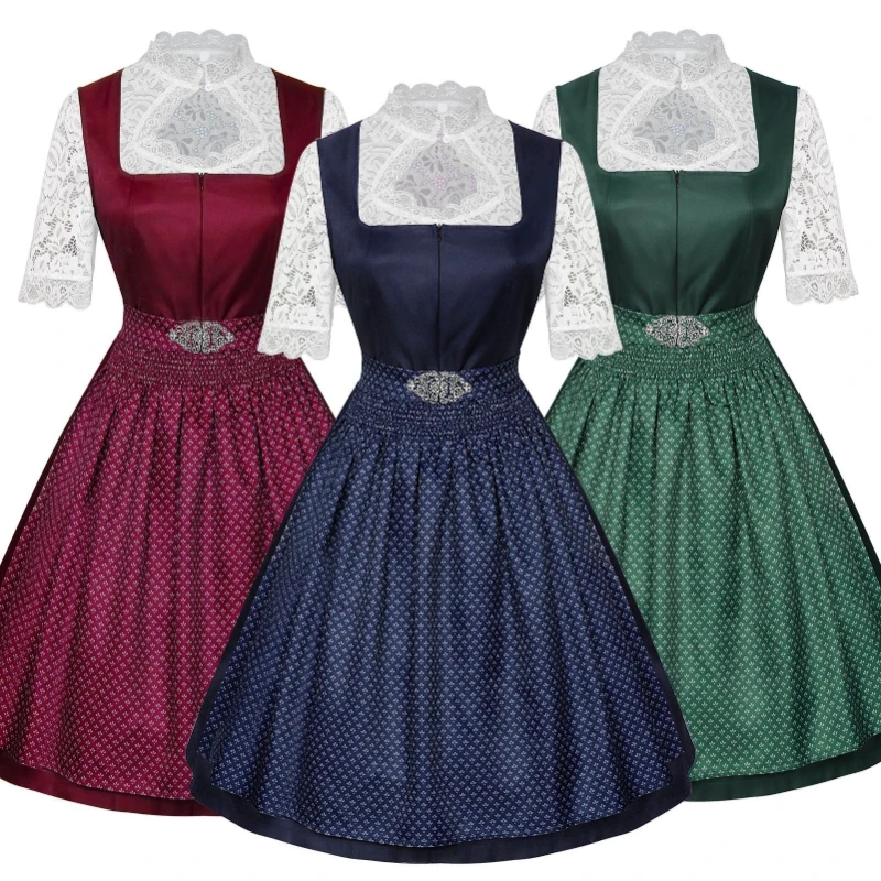 2026 Neues Grünes Deutsches Oktoberfest-Kleid für Damen, Rotes Dienstmädchen-Stil Kurzarm-Spitzenschürzen-Set, Dreiteiliges Blaues Bayerisches Kostüm