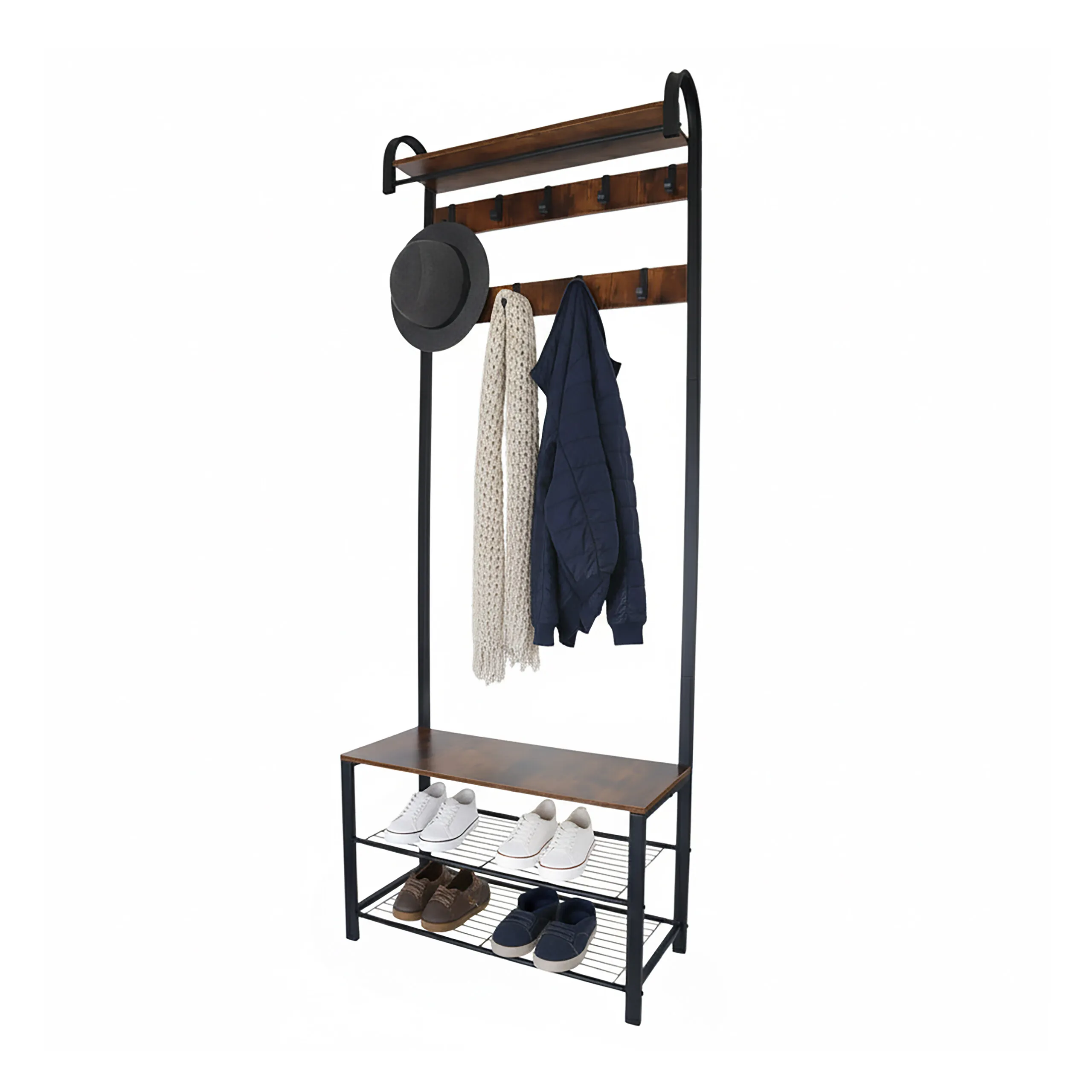 Coat rack, with shoe bench and hat shelf, for narrow hallways, 9 hooks, 2 shoe shelves, black and dark brown, 182 x 69 x 30 cm, Relaxdays