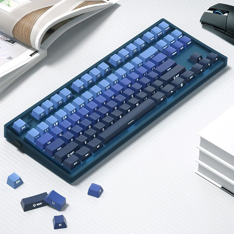 Cool Breeze Blue Double Shot bersinar melalui tombol 136 tombol profil OEM tombol cetak samping PBT tombol untuk MX Switches Keyboard Gaming