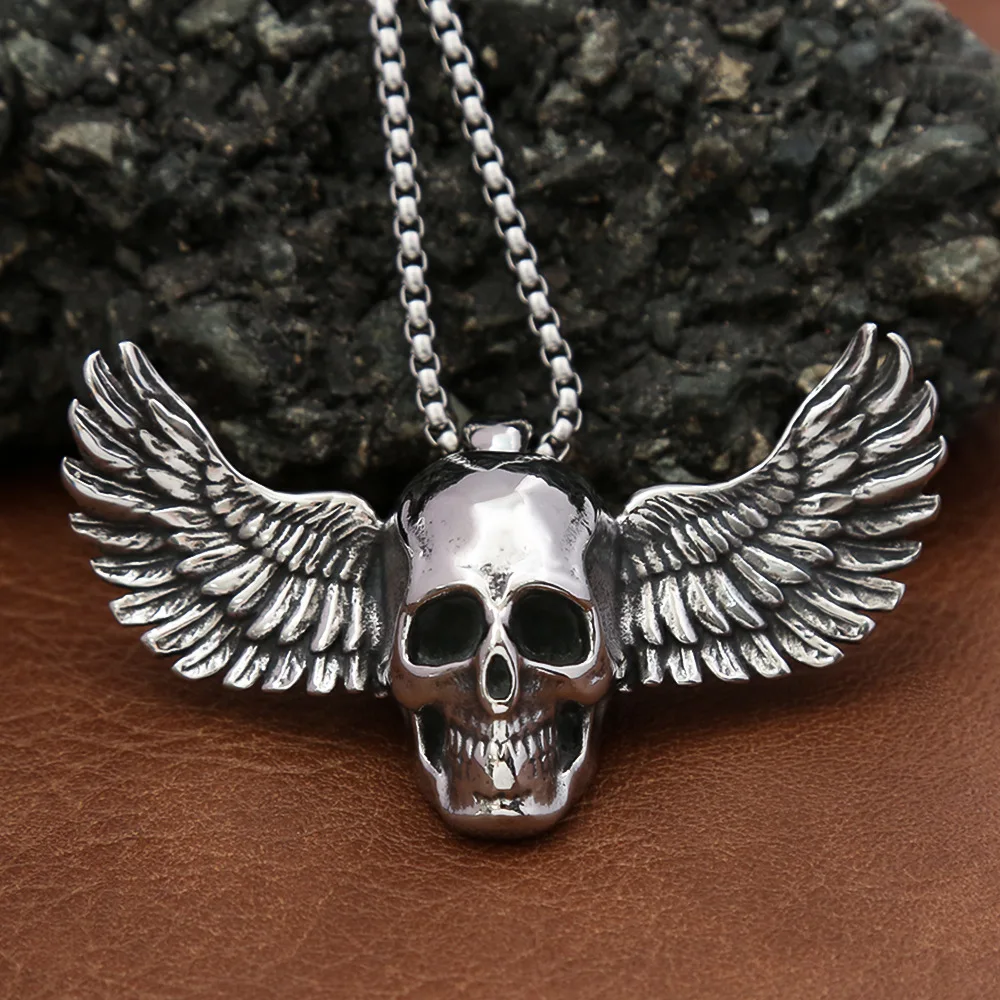 Stainless Steel Gothic Fallen Angel Wings Skull Pendant Unique Design Men's Skeleton Necklace Punk Hip Hop Jewelry Never Fading