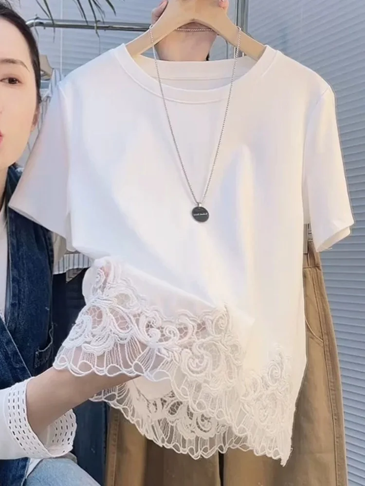 Coreano Sle Casual ort Sve T-shirt da donna vestibilità ampia in pizzo design giuntura top estivo Faionable anti-età