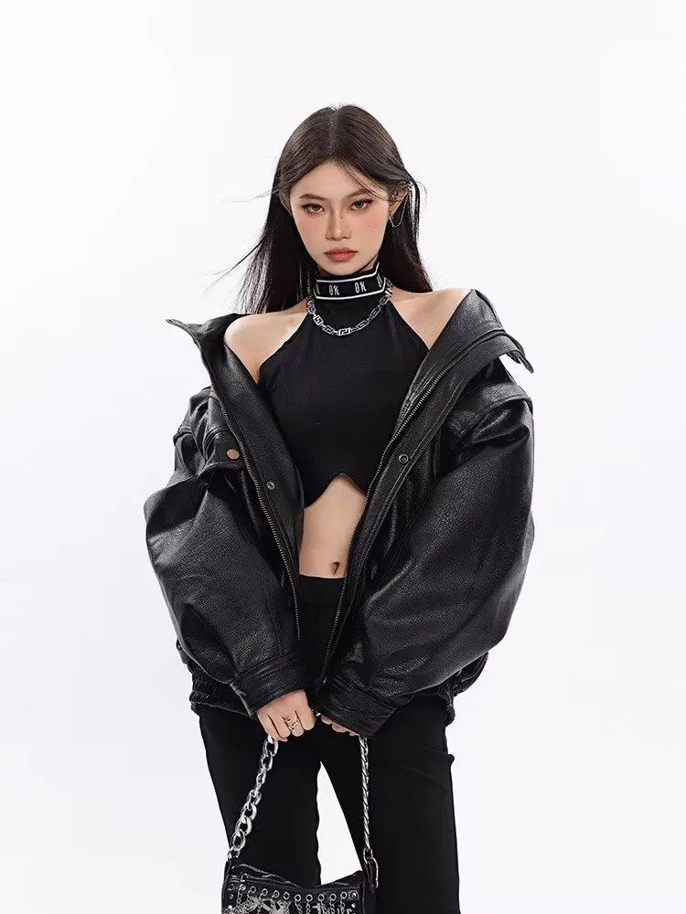 Vintage Pu Leren Jas Vrouwen Oversized Moto Biker Jas Herfst Windjack Koreaanse Stijl Dikke Zwarte Motorjas