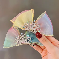 Pastel Rainbow Hair Bows Gradient Color Princess Crown Hair Clips Standing Bowknot Hairpin Kids Barrette Korean Hair Accessories